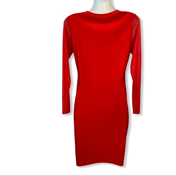 Red Sheer Mesh Geometric Bodycon Cocktail Dress - Picture 3 of 6